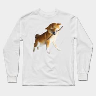 Lilly the Shiba Inu Smiling with Stick Long Sleeve T-Shirt